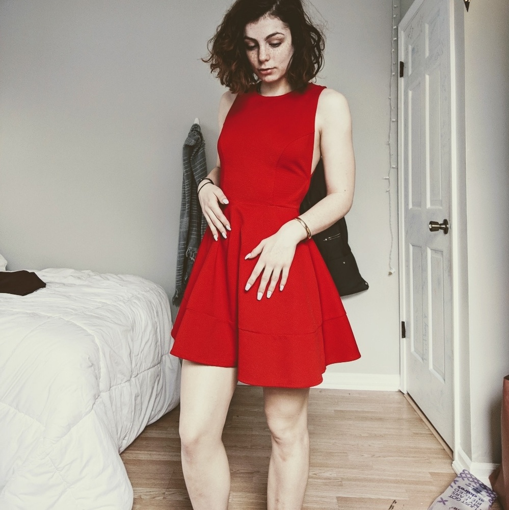Red, A-Line, Laceback Holiday Dress